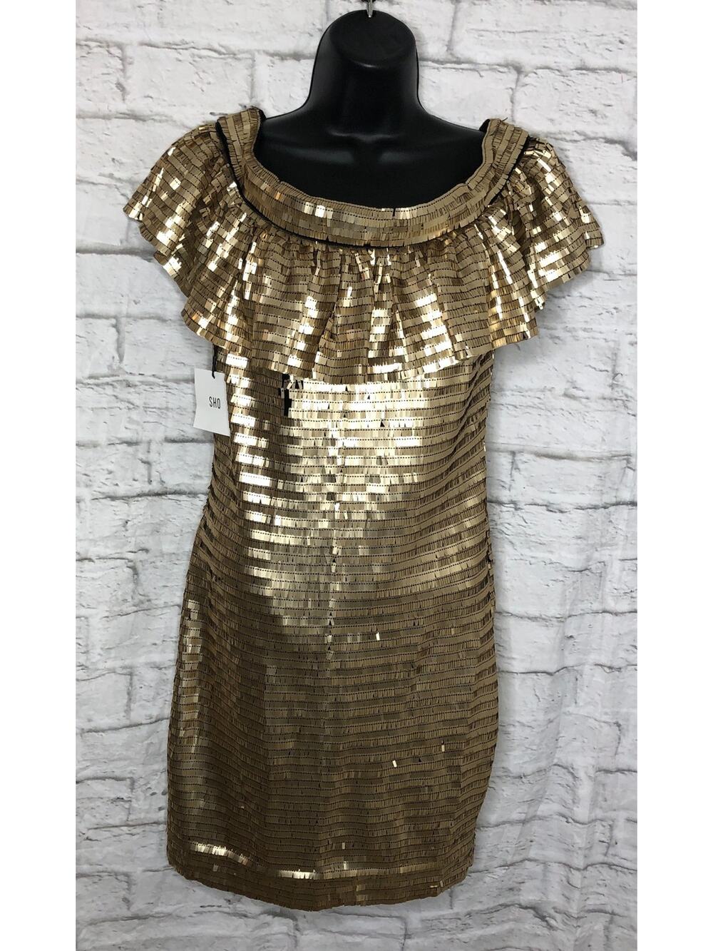 $348 Sho Women's Gold Sequined Ruffled Off-The-Shoulder Sheath Dress Size 6